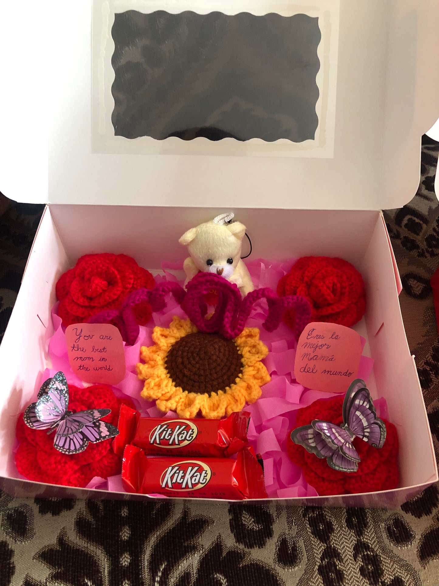 Mother’s Day Gift Box with artificial crochet flowers, mini teddy bear, and chocolates