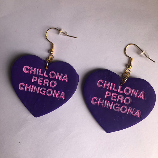 Valentines Day Chillona pero Chingona polymer clay heart-shaped earrings