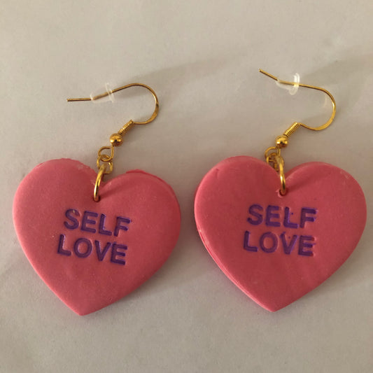 Valentines Day Self Love polymer clay heart-shaped earrings